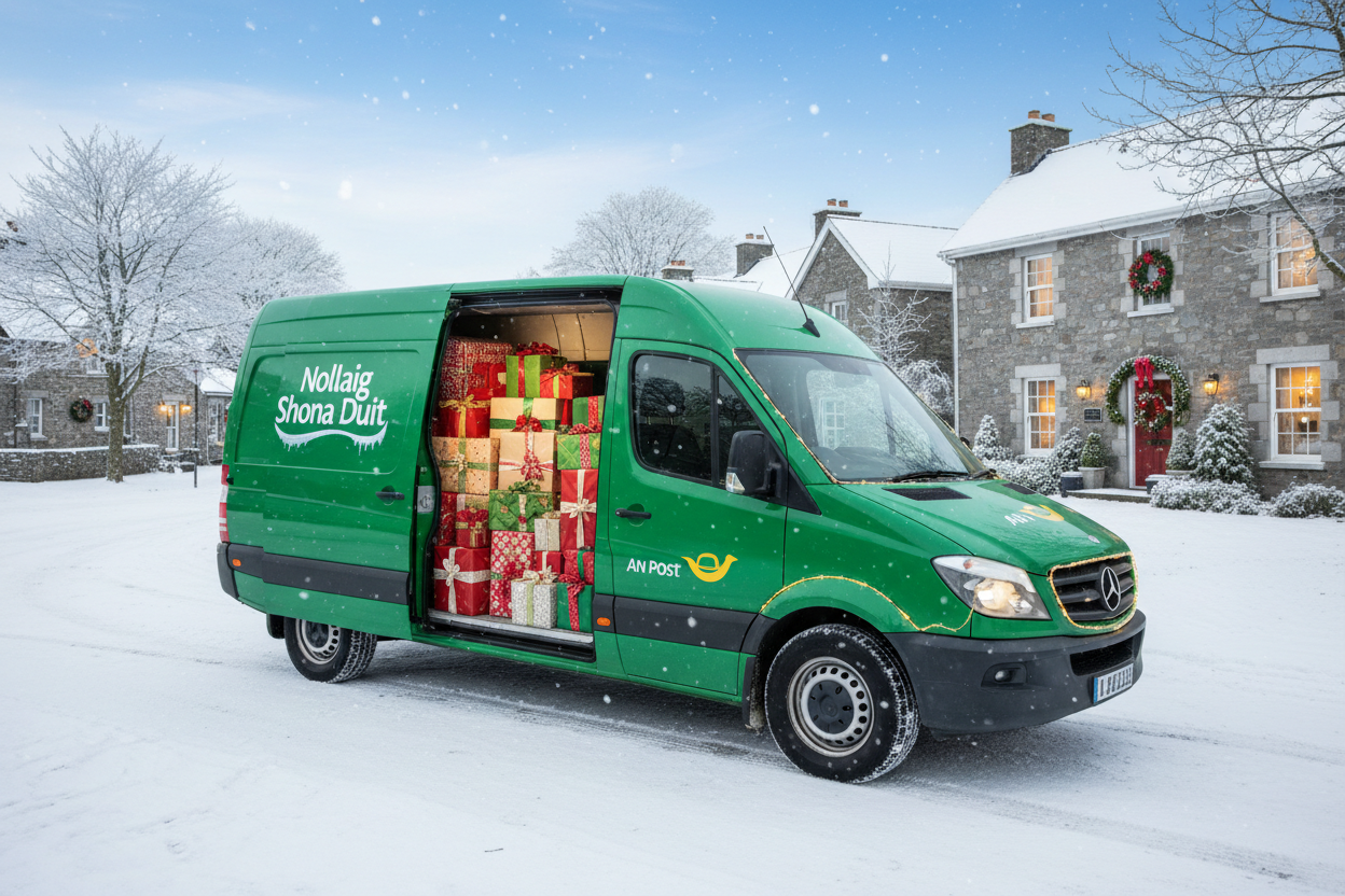 an post green delivery van with christmas parcels