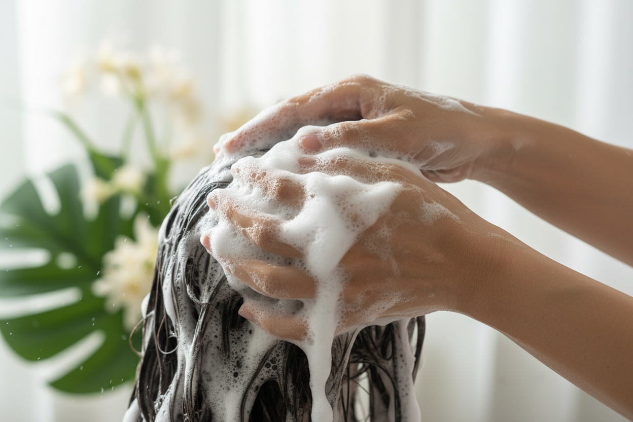 washing hair with lots of shampoo lather no bottles